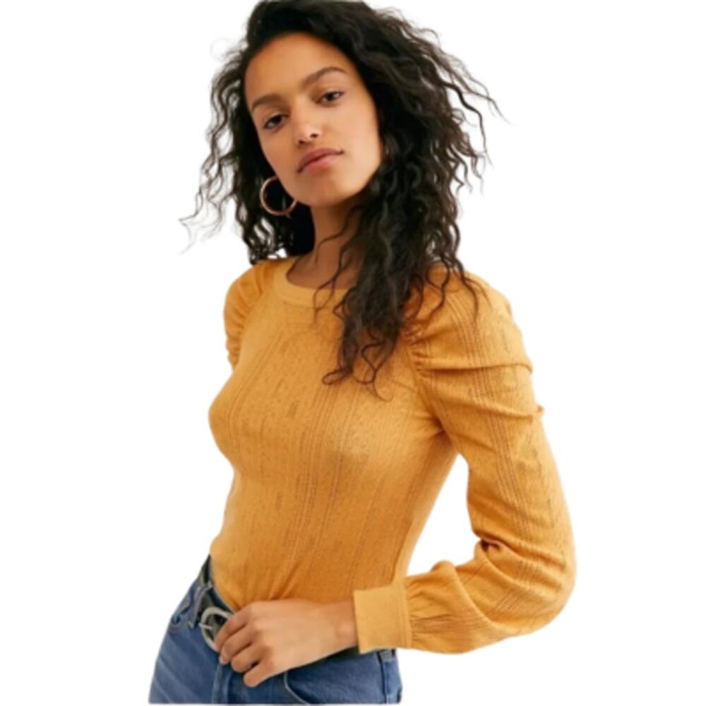 Free People Ella Puff Sleeve Pointelle Knit Top Mustard Yellow Size Small